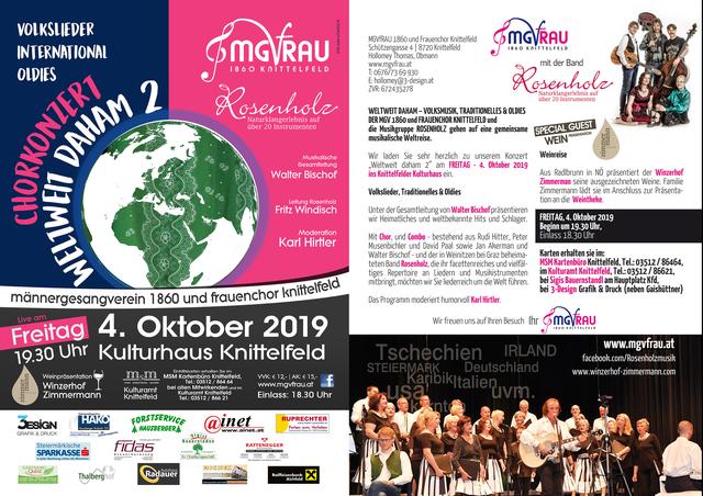 WELTWEIT DAHAM 2 – VOLKSMUSIK, TRADITIONELLES &amp; OLDIES  DER MGVfRAU 1860 und FRAUENCHOR KNITTELFELD und  die Musikgruppe ROSENHOLZ gehen auf eine gemeinsame musikalische Weltreise. 
http://mgvfrau.at/ | Foto: mgvfrau.at