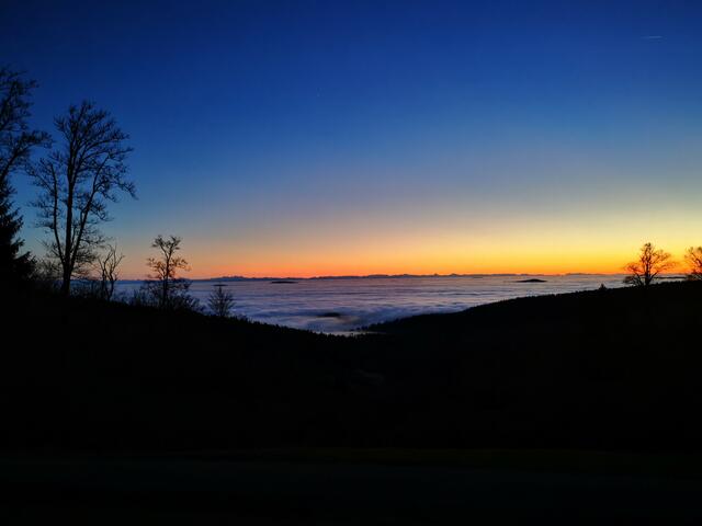 Blick ins Nebelmeer nach Sonnenuntergang beim Abstieg vom Stinglfelsen.
