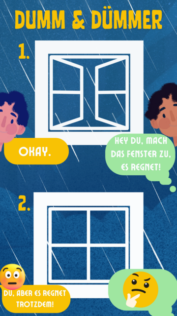 A sagt: Hey du, mache das Fenster zu, es regnet!
B sagt: "Ok" und macht das Fenster zu. Nach einer Weile wundert er sich: Du, aber es regnet trotzdem!
A schüttelt den Kopf - welche Fenster können den Regen abstellen? 

Inspiriert von vtipkar.sk | Foto: Zuzana Kobesova 2024, erstellt mit canva.com