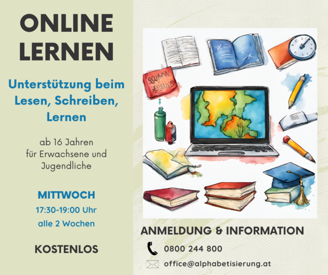 Sie brauchen Unterstützung beim Lesen, Schreiben oder Lernen? 
Dann melden Sie sich kostenlos beim ALFATELEFON unter der Nummer 0800 244 800 oder per E-Mail!
Wir beraten Sie gerne!
Das Angebot ist für Personen mit und ohne Migrationshintergrund gedacht.