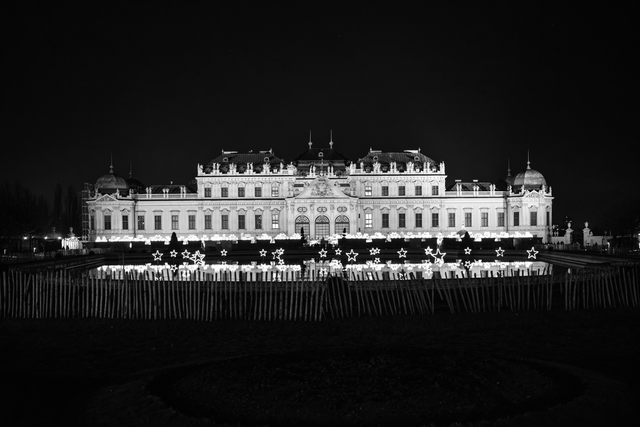 Solche Bauwerke wirken auf mich immer äußerst imposant, besonders inmitten der dicht besiedelten Stadt Wien. Die elegante Beleuchtung und der weihnachtliche Lichtschmuck im Teich unterstreichen diesen Eindruck und verleihen dem Anblick eine fast magische Atmosphäre. Persönlich finde ich, dass ein Bild wie dieses keine Farben benötigt, um seine volle Wirkung zu entfalten.