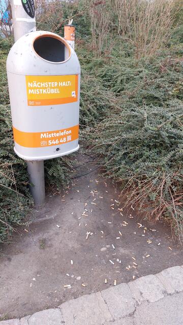 "Host 'n Tschick" müsste hier heißen "Hass auf Tschick". U4 Heiligenstadt, Ausgang Muthgasse - offenbar eine beliebte Raucher:innenecke. Die Trefferquote der Tschicks ist niedrig, die Zigaretenreste liegen zerstreut um den Mistkübel herum. So nah und trotzdem daneben.  | Foto: Zuzana Kobesova 2025