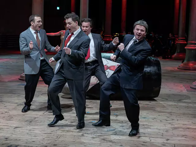 sirene Operntheater 2015: Uraufführung der Kammeroper CHODOKOWSKI von Kristine Tornquist und Periklis Liakakis im Semper-Depot. Im Bild Clemens Kölbl, Alexander Mayr, Steven Scheschareg und Gernot Heinrich. | Foto: Helmut Hussian