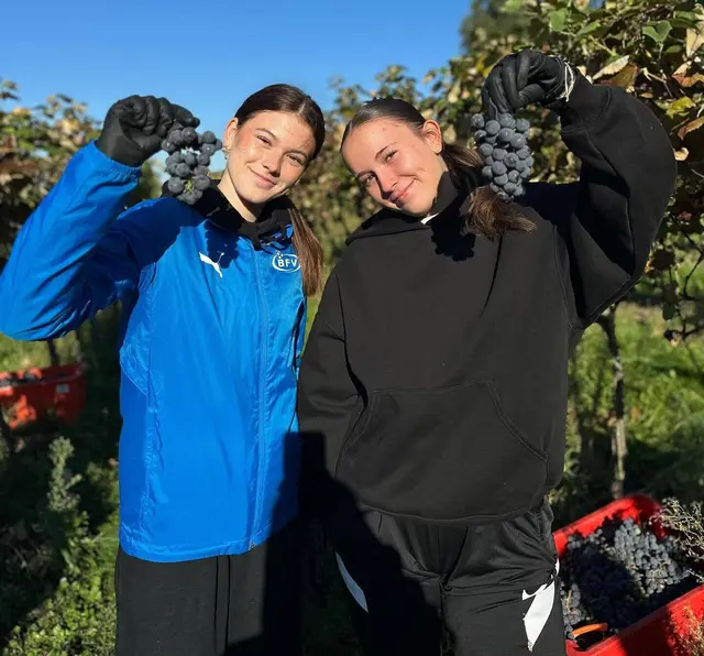Aktuell ist die Weinlese - auch beim Uhudler - noch voll im Gange. Die Fußballerinnen (Schülerinnen der BFV-Frauenakademie Stegersbach) Leonie Zach und Amelie Fritz waren fleißig mit dabei. | Foto: BHAK/BHAS Stegersbach