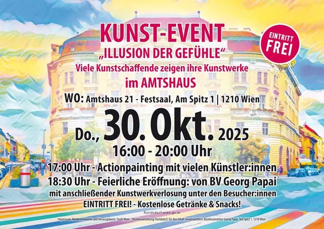 robin der künstler, ein florisdorfer, zeigt diesmal kunst der gefühle in einer sondershow im großen festsaal des amtshaus florisdorf. so sind auch weitere kunstschaffende mit ihren werken vor ort, wobei man mit allen über kunst und kultur ins gespräch kommen kann. die ausstellung wird in museumsart durchgeführt und ist für alle kostenfrei zugänglich. neben der vielfältigen kunst von den anwesenden kunstschaffenden, gibt es diesmal eine live-painting- show. dieses actionpainting wird von mehreren künstler:innen live durchgeführt. nach der feierlichen eröffnung die vom herrn bezirksvorsteher georg papai vorgenommen wird gibt es ein weiteres highlight, ein kunstwerkverlosung unter den besucher:innen.
all dieses gibt es bei eintritt frei! und zusätzlich auch mit kostenlosen getränken &amp; snacks, solange der vorrat reicht!! somit steht nichts mehr im wege, kommen sie vorbei und schauen sie sich das an! KUNST UND KULTUR IM FLORISDORFER AMTSHAUS!!
