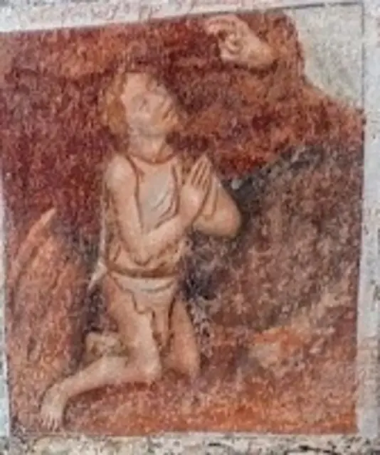  Der 17. Dezember war der Tag des heiligen Lazarus, eines Freundes Jesu, der ihn von den Toten auferweckt hat. Er wird als Patron der Totengräber und Aussätzigen verehrt.
Das Fresko wurde Martin Schongauer zugeschrieben und entstand um 1507.
Der abgebildete kniende Mann, der flehend nach oben blickt, ist der Heilige Lazarus !