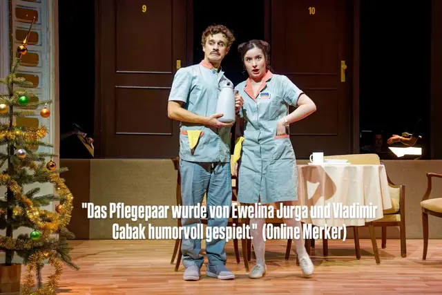 sirene Operntheater 2025: Uraufführung der Kammeroper ABENDSONNE im Jugendstiltheater auf der Baumgartnher Höhe bei Wien Modern. Im Bild Ewelina Jurga und Vladimir Cabak als Pflegerin Mira und Pfleger Mirko. | Foto: sirene