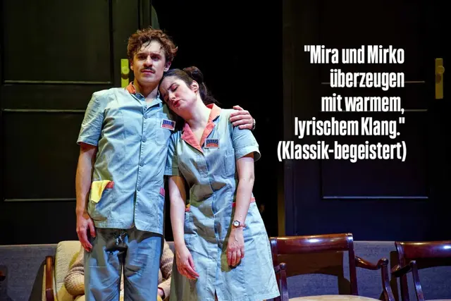 sirene Operntheater 2025: Uraufführung der Kammeroper ABENDSONNE im Jugendstiltheater auf der Baumgartnher Höhe bei Wien Modern. Im Bild Ewelina Jurga und Vladimir Cabak als Pflegerin Mira und Pfleger Mirko. | Foto: sirene