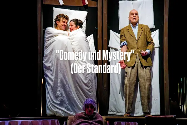 sirene Operntheater 2025: Uraufführung der Kammeroper ABENDSONNE im Jugendstiltheater auf der Baumgartnher Höhe bei Wien Modern. Im Bild Ewelina Jurga und Vladimir Cabak als Pflegerin Mira und Pfleger Mirko und Johann Leutgeb als sterbender Büxenstein. | Foto: sirene