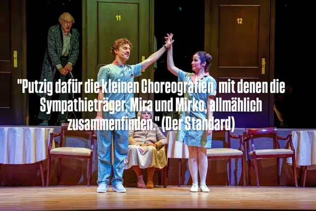 sirene Operntheater 2025: Uraufführung der Kammeroper ABENDSONNE im Jugendstiltheater auf der Baumgartnher Höhe bei Wien Modern. Im Bild Ewelina Jurga und Vladimir Cabak als Pflegerin Mira und Pfleger Mirko. Im Hintergrund Andras Jankowitsch als Dr. Sägebarth. | Foto: sirene