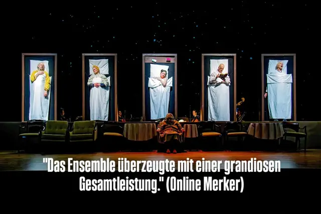 sirene Operntheater 2025: Uraufführung der Kammeroper ABENDSONNE im Jugendstiltheater auf der Baumgartnher Höhe bei Wien Modern. Im Bild die Darsteller und Sänger Horst Lamnek, Juliette Mars, Ewelina Jurga, Johann Leutgeb und Andreas Jankowitisch. | Foto: sirene