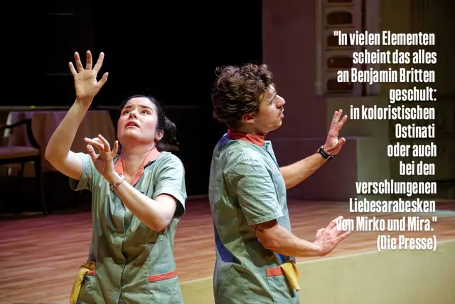 sirene Operntheater 2025: Uraufführung der Kammeroper ABENDSONNE im Jugendstiltheater auf der Baumgartnher Höhe bei Wien Modern. Im Bild Ewelina Jurga und Vladimir Cabak als Pflegerin Mira und Pfleger Mirko. | Foto: sirene