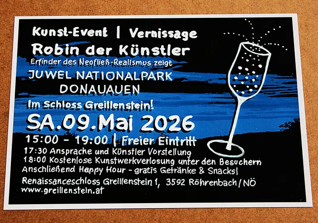 "historisches trifft die moderne"   robin der künstler wurde von den schlossbesitzern zu einem sonderevent eingeladen. 

so stellt der kunstschaffende eine kunstausstellung für das schloss greillenstein zusammen, wo es auch eine vernissage und pfingst-finissage geben wird, damit es zu einem gesellschaftlichen ereignis kommen wird. 
robin der künstler,  der erfinder des "neofließ-realismus" zeigt einige werke
der zeitgenössischen kunst von 9.- 25. mai 2026 unter:
"juwel nationalpark donauauen".
der nationalpark donauauen, beginnt in wien und breitet sich bis weit in das angrenzende niederösterreich aus.
weiters wird auch eine neue serie der abstrakten kunst gezeigt. 
sein stil und seine technik ist einzigartig, da er auch mit verschiedenen zudaten arbeitet w.z.b. wiener regenwasser, sekt, alkoholika u.s.w. da entsteht so manches prickelnde gemälde das sich in kunst der moderne einreihen kann.

einladung zur vernissage
samstag 9. mai 2026 
15:00 uhr im schloss greillenstein

17:30 uhr ansprache und vorstellung des kunstschaffenden

18:00 uhr kostenlose verlosung eines kunstwerkes unter den anwesenden besucher*innen

anschließend happy hour, getränke &amp; snacks gratis!
eintritt frei!!
bei einem getränk kann man mit dem künstler über kunst und kultur ins gespräch kommen
wobei man da die besonderheit der ausstellung genießen kann.

die ausstellung lauft bei eintritt frei von 09. - 25. mai 2026 zu den schloss öffnungstagen. 
die zeiten: samstag bis mittwoch + feiertage 12:30 bis 16:00 uhr

einladung zur pfingst-finissage:
pfingst-montag 25. mai 2026 ab 15:00 uhr - 18:30 uhr

unter dem motto:
komm vorbei und sei dabei bei eintritt frei!!