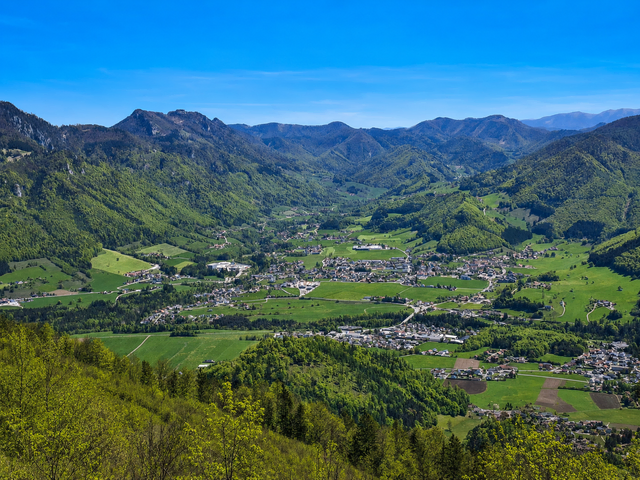 Panoramablick über die Marktgemeinde Molln im Steyrtal: Eingebettet zwischen bewaldeten Bergen und sanften Hügeln erstreckt sich das Ortsgebiet mit grünen Wiesen, Feldern und verstreuten Häusern unter einem klaren blauen Himmel. Die weite Landschaft des oberösterreichischen Alpenvorlands vermittelt Ruhe, Naturverbundenheit und beeindruckende Fernsicht.