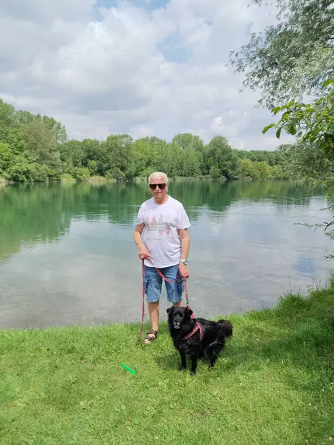 Herrli Heinz Vielgrader geht mit seinem Hund zum Donauarm zur Abkühlung,
Moritz dankt es ihm springt ins kühle Nass und bringt dem Herrli sein geliebtes Balli | Foto: Heinz Vielgrader