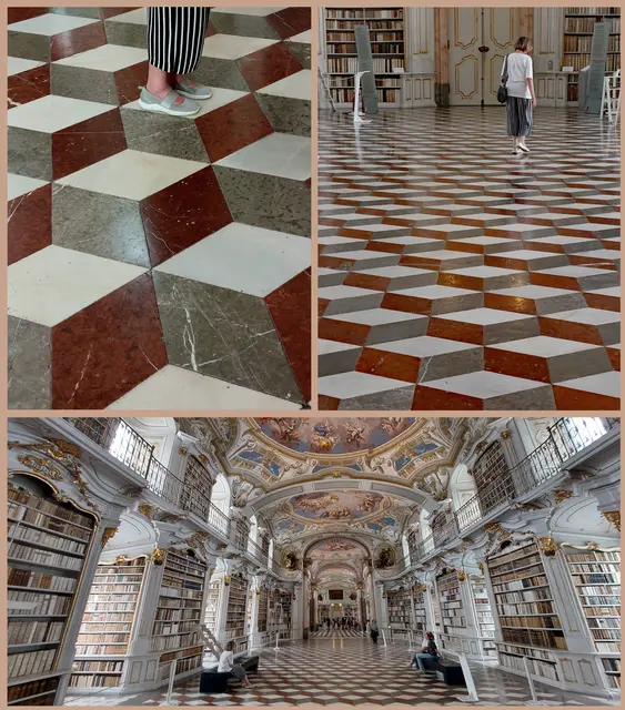 Über 7.000 rautenförmige Steine aus weißem, rotem und grauem Marmor sind in der gesamten Bibliothek in raffinierter Weise zu geometrischen Mustern gefügt. Je nach subjektiver Wahrnehmung lassen sich Bänder, Zickzack-Linien, Würfel oder scheinbar räumliche Stufengebilde erkennen. Der Fußboden beinahe gleich interessant wie die Bibliothek .