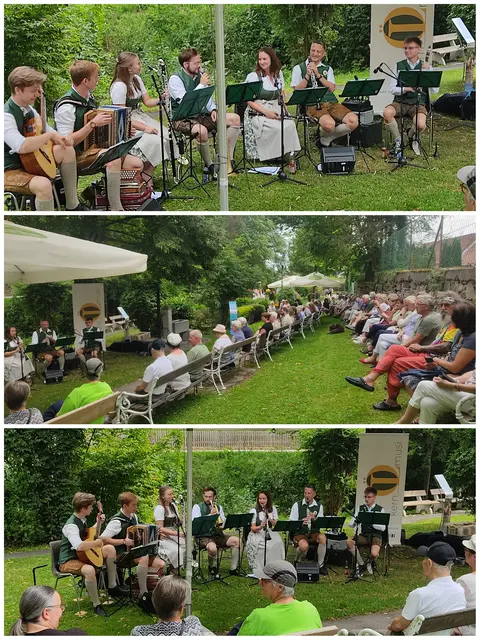 ...kam die "Kernöl Musi" zum Einsatz. Es war wieder ein Genuss den Darbietungen der Musiker zu lauschen. Mit viel Humor und Witz führte ihr Bandleader durch das abwechslungsreiche Programm. Da gab's Walzer, Märsche und Polkas, das äußerst zahlreiche Publikum war begeistert. Da gab's eine Menge Applaus, da wurde geklatscht und mitgesungen. Das absolute Highlight war wohl ein eigens für Bad Schwanberg kreierter Walzer, welcher heute uraufgeführt wurde. Das Konzert war ohne Zweifel ein musikalischer Genuß, welchen man auf keinem Fall versäumen durfte... | Foto: Günther Koch