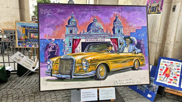 Kunstmaler Igor Radovan Zindovic hat anlässlich der heurigen Jedermann-Inszenierung der Salzburger Festspiele dieses eindrucksvolle Kunstwerk geschaffen. Zu bewundern gibt es das bei den Salzburger Dombögen, wo er viele seiner Kunstwerke in einer kleinen Open Air Galerie präsentiert. 