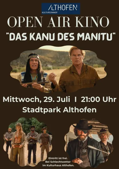 DATUM : Mittwoch, 29.07.2026

UHRZEIT : 21:00 Uhr

Im Stadtpark findet das Open-Air-Kino statt. Gezeigt wird "Das Kanu des Manitu". Der Eintritt ist frei.

Ein weiteres Mal „Film ab“ heißt es im Rahmen des Kultursommers Althofen am Mittwoch, dem 29. Juli, um 21:00 Uhr im Stadtpark Althofen. Gezeigt wird diesmal der zweite Teil der Westernkomödie „Das Kanu des Manitu“ aus dem Jahr 2025. Darin versammelt Michael „Bully“ Herbig erneut Abahachi, Ranger und Dimitri für ein großes Abenteuer.
Der Eintritt ist frei. Bei Schlechtwetter findet die Veranstaltung im Kulturhaus Althofen statt.