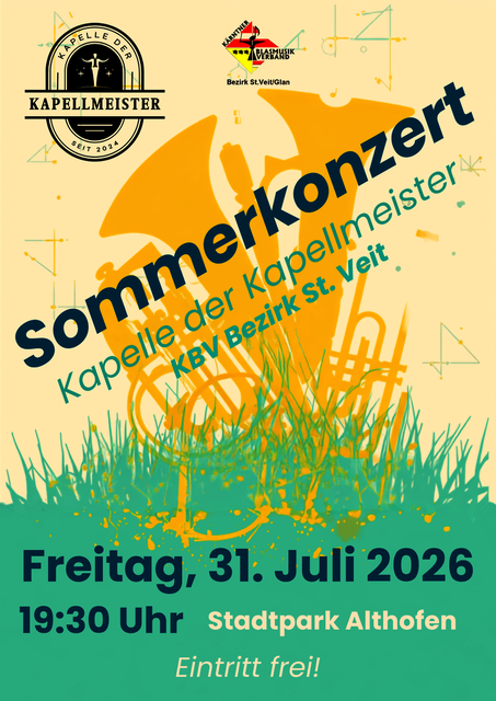  DATUM : Freitag, 31.07.2026

UHRZEIT : 19:30 Uhr

Im Stadtpark findet das Konzert mit der "Kapelle der Kapellmeister" statt. Eintritt ist frei.