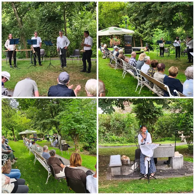 ... wurde von dem Posaunen Quartett " DL-Trombone-Connection" gestaltet. Obwohl vom Wetter her gesehen der Himmel Wolkenverhangen war, hatten sich viele Besucher eingefunden um dieser musikalischen Darbietung zu lauschen. Diese eher selten zu hörenden Posaunenklänge wurden mit reichlich Applaus quittiert. Als dann die Musiker von der netten Moderatorin Irene Hasewend im Bild rechts unten dem Publikum persönlich vorgestellt werden, Franz Masser, Arndt Hans-Jörg, Wolfgang Hasewend und Barbara Aldrian, so wurde dies von allen Anwesenden noch zusätzlich mit entsprechenden Applaus honoriert. | Foto: Günther Koch