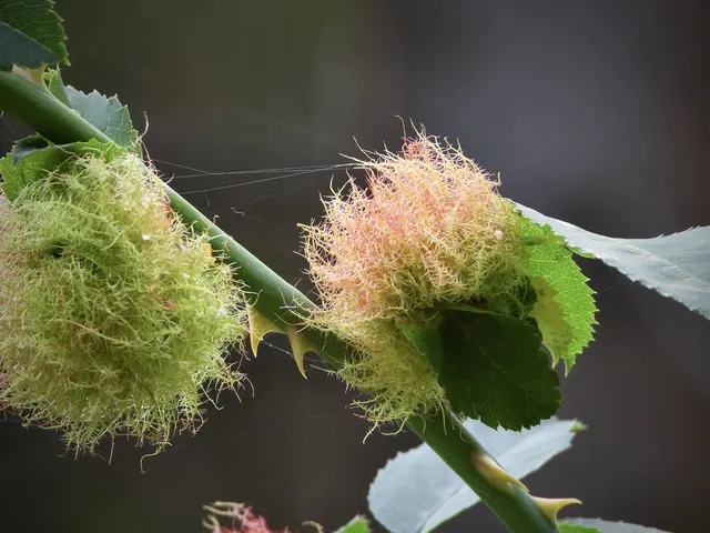 Rosengalle die durch die Eiablage der Gemeinen Rosengallwespe an einer Rose entstehen. Durch einen chemischen Reiz wuchert das Gewebe moosartig-zottig auf. 