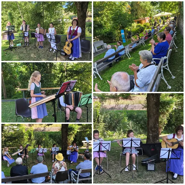 ...ging heute Sonntag den 30. August bei strahlendem Wetter über die Bühne. Sehr viele Besucher waren wieder gekommen um sich, von diesen sehr jungen Musikern musikalisch verwöhnen zu lassen. Elke Pichler der Musikschule Wies leitete dieses sehr junge Volksmusik Ensemble und führte das begeisterte Publikum durchs umfangreiche Programm, welches ausgesprochen bravourös präsentiert wurde. Sie ernten jede Menge Applaus, das Publikum hat bei den zahlreichen bekannten Volksweisen mit geklatscht und auch mitgesungen. Die Musiker im Bild oben rechts von links, Maja Krainer, Johannes Maritschnegg mit der steirischen Harmonika, die Geschwister Lampl Lena und Anika und die Musiklehrerin Elke Pichler. Bild Mitte links Maja Krainer am Hackbrett, im Bild oben rechts das begeisterte Publikum, welches fleißig mit klatschte, Bild unten rechts die Geschwister Lampl mit der steirischen Harmonika, der Querflöte und der Musiklehrerin Elke Pichler mit der Gitarre. Fazit: Man kann den jungen Musikern nur gratulieren zu dieser hervorragenden Leistung, sie waren so gut, daß das Publikum von ihnen unbedingt noch eine Zugabe wollte... Einfach nur schön, wenn junge Menschen musizieren, im übrigen hatten sie ihre präsentierten und alles andere als einfachen Stücke sogar selbst ausgewählt. | Foto: Günther Koch