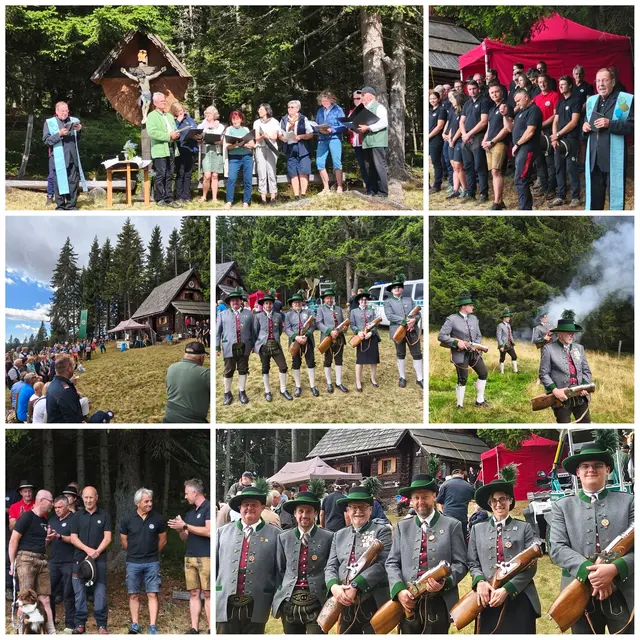 ...wurde heute Sonntag den 6. September abgehalten. Sehr viele Menschen sind heute zur Kollerhütte gekommen um dieser Bergmesse beizuwohnen. Im Bild oben links zelebrierte Pfarrer Anton Lierzer mit dem Chor von St. Anna die Hl. Messe Bild rechts oben Pfarrer Anton Lierzer vor der versammelten Mannschaft der Bergrettung. Mitte links ein Blick auf die Besucher der mit der Kollerhütte im Hintergrund. Bild Mitte u. Mitte rechts, eine Abordnung der Erzherzog Johann Schützenvereines Bad Schwanberg Sulmtal, welche an die Messe anschließend einige Salut Schüsse abgaben. Unten links Obmann und Ortsstellenleiter der Bergrettung. Unten rechts nochmals die Kameraden des Schützenvereins. Auch fürs leibliche Wohl war natürlich bestens gesorgt und für musikalische Unterhaltung sorgten die "Sterglegger Buam" (Steirische Harmonika u. ein sogenannte Teufelsgeige) Rund, eine sehr schöne Veranstaltung bei angenehmen Bergwetter...
 | Foto: Günther Koch
