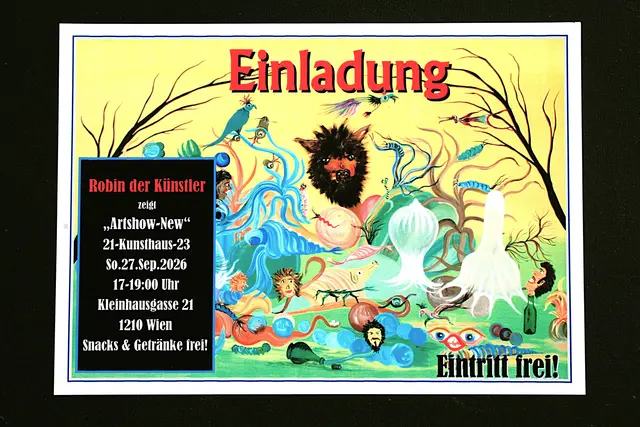 Kunst-Vernissage für JUNG UND ALT, mit Happy Hour, Getränke und Snacks, sowie Weinverkostung , alles GRATIS solange der Vorrat reicht!! Etwas ganz besonderes am
Sonntag 27. September 2026 , ab 17:00 - 19:00 Uhr,
21-Kunsthaus-23, Kleinhausgasse 21, 1210 Wien
Der Kunstschaffende präsentiert zeitgenössische Kunst in der Fußgängerzone!
Es gibt die Rätselbilder, prickelnde Bilder die mit Sekt gefertigt wurden,
sowie auch Gemälde die in "Neofließ-Realismus" entstanden sind und vieles mehr. Der Erfinder des "Neofließ-Realismus" ist vor Ort. Komm vorbei und sie dabei bei EINTRITT FREI!
Alles nur bei Schönwetter!!