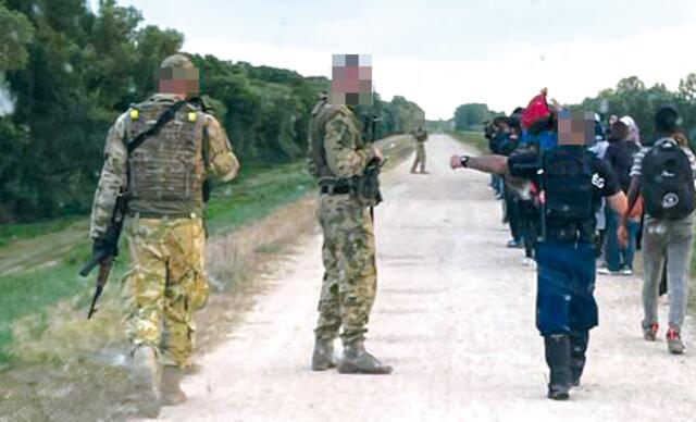 Militär, Polizei und Sondereinheiten eskortieren eine Gruppe illegaler Migranten an der ungarischen Grenze zu Serbien 