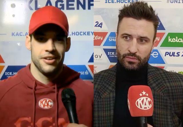 Lukas Haudum und David Fischer im Post Game Kommentar. | Foto: EC-KAC Betriebs GmbH