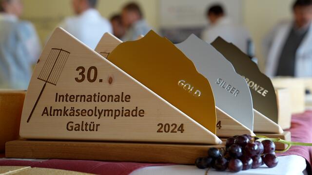 Die Objekte der Begierde bei der Internationalen Almkäseolympiade in Galtür: 64 Sennerharfen in Gold, 42 in Silber und 39 in Bronze wurden am Samstagabend an die Sennerinnen und Senner vergeben. | Foto: MeinBezirk Tirol